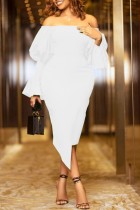 Witte casual effen rugloze asymmetrische off-shoulder jurken met lange mouwen