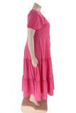 Розово-красное повседневное сплошное выдолбленное лоскутное длинное платье с уздечками и U-образным вырезом Платья больших размеров
