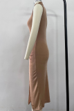 Khaki Elegant Solid High Opening Fold Turtleneck Wrapped Skirt Dresses