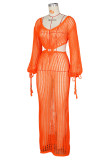 Orange Sexy Solid Tassel Hollowed Out Patchwork Swimwears Cover Up(Without Bikinis Set )