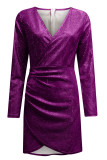 Purple Sexy Solid Patchwork Asymmetrical V Neck One Step Skirt Dresses