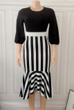Black Casual Work Elegant Striped Patchwork Flounce O Neck Irregular Dress Dresses