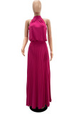 Rose Red Casual Solid Patchwork Backless Fold Halter Straight Dresses