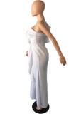 Mode blanche Sexy solide Patchwork fente une épaule robe de soirée robes