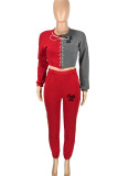 Roter, lässiger Sportswear-Druck-Verband, ausgehöhlt, Patchwork, O-Ausschnitt, Langarm, zweiteilig