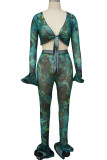 Green Sexy Print Bandage Patchwork See-through V Neck Long Sleeve Two Pieces