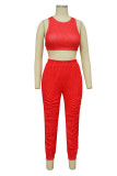 Red Casual Solid Patchwork Fold O Neck Sleeveless Two Pieces