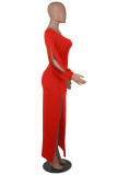 Бордовые сексуальные формальные однотонные платья с вырезом на спине и косым воротником с длинным рукавом