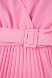 ピンク カジュアル ソリッド 小帯 プリーツ V ネック 長袖 ドレス