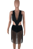 Black Sexy Solid Tassel Hollowed Out Patchwork Swimwears