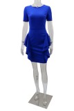 Blue Casual Solid Patchwork O Neck Short Sleeve Dress (Without Belt)