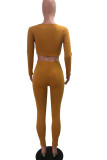 Земно-желтый Повседневная спортивная одежда Однотонный Пэчворк U-образный вырез Длинный рукав Из двух частей