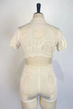 White Sexy Solid Hollowed Out Patchwork Half A Turtleneck Short Sleeve Two Pieces