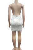 アプリコット セクシー ソリッド タッセル スパンコール パッチワーク スパゲッティ ストラップ スリング ドレス ドレス