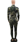 Army Green Casual Street Print Camouflage Print Patchwork Buckle Turndown Collar Plus Size Two Pieces