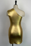 ゴールド セクシー カジュアル ソリッド バックレス 斜め襟 ノースリーブ ドレス ドレス
