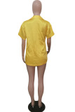 Gelb Mode Lässig Einfarbig Grundlegend Umlegekragen Kurzarm Zweiteiler