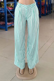 Cyan Fashion Casual Striped Print Patchwork Regular High Waist Trousers