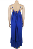 Lake Blue Sexy Casual Solid Backless Spaghetti Strap Loose Sling Dress