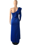 Blauwe mode sexy effen patchwork spleet een schouder avondjurk jurken