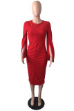 Red Fashion Casual Solid Patchwork Slit O Neck Long Sleeve Dresses
