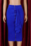 Blue Casual Work Elegant Solid Patchwork Flounce Skinny High Waist Pencil Solid Color Bottoms