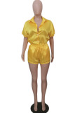 Gelb Mode Lässig Einfarbig Grundlegend Umlegekragen Kurzarm Zweiteiler