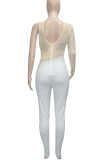 White Sexy Solid Patchwork See-through Asymmetrical Hot Drill Half A Turtleneck Skinny Jumpsuits