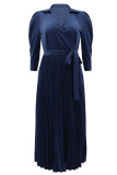 Blue Elegant Solid Patchwork Frenulum Fold POLO collar Pleated Dresses(With Belt)