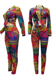 Multi-color Street Print Patchwork Turndown Collar Long Sleeve Two Pieces