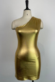Gold Sexy Casual Solid Backless Oblique Collar Sleeveless Dress Dresses