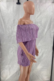 Purple Casual Solid Flounce Fold Off the Shoulder Loose Rompers