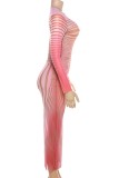 Rosafarbene, legere, bedruckte Basic-Kleider mit O-Ausschnitt und langen Ärmeln