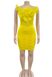 Yellow Sexy Solid Patchwork Feathers Fold Halter Pencil Skirt Dresses