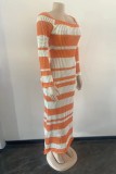 Orange Casual Patchwork Contrast Square Collar Long Sleeve Dresses