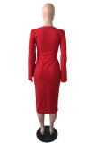 Rode mode casual effen patchwork spleet O-hals jurken met lange mouwen