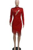 Red Sexy Solid Tassel Hollowed Out Sequins Patchwork Asymmetrical Evening Dress Dresses