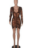 Brown Sexy Solid Patchwork Fold V Neck One Step Jupe Robes