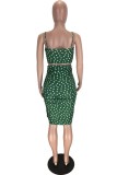 Ink Green Sexy Casual Dot Print Draw String Frenulum Backless Sleeveless Two Pieces