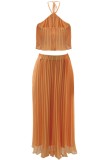 Orange Casual Solid Bandage Backless Pleated Halter Sleeveless Two Pieces