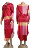 Robe chemise à col rabattu et imprimé patchwork à rayures décontractées roses