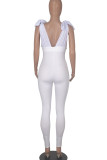 White Sexy Solid Patchwork See-through V Neck Regular Jumpsuits