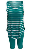 Green blend Casual Slip Striped Print Two Piece Suits Stripe Plus Size
