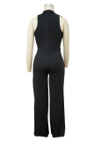 Black Sexy Casual Work Solid Slit Mesh V Neck Loose Jumpsuits