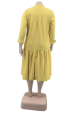 イエローカジュアルソリッドフラウンスVネックケーキスカートプラスサイズのドレス