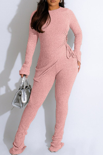 Pink Casual Solid Frenulum O Neck Long Sleeve Two Pieces