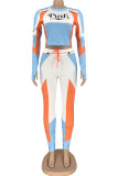 Babyblau Mode Sportbekleidung Erwachsene Milchfaser Buchstabedruck Patchwork Buchstabe O-Ausschnitt Langarm Normale Ärmel Kurz Zweiteiler