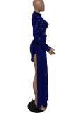 Синие сексуальные элегантные однотонные лоскутные асимметричные платья с блестками и круглым вырезом нерегулярные платья