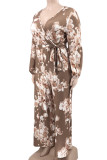 Coffee Casual Print Bandage Patchwork V Neck Plus Size Jumpsuits