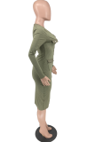 Army Green Street Solid Buckle V-hals Pencil Skirt Klänningar